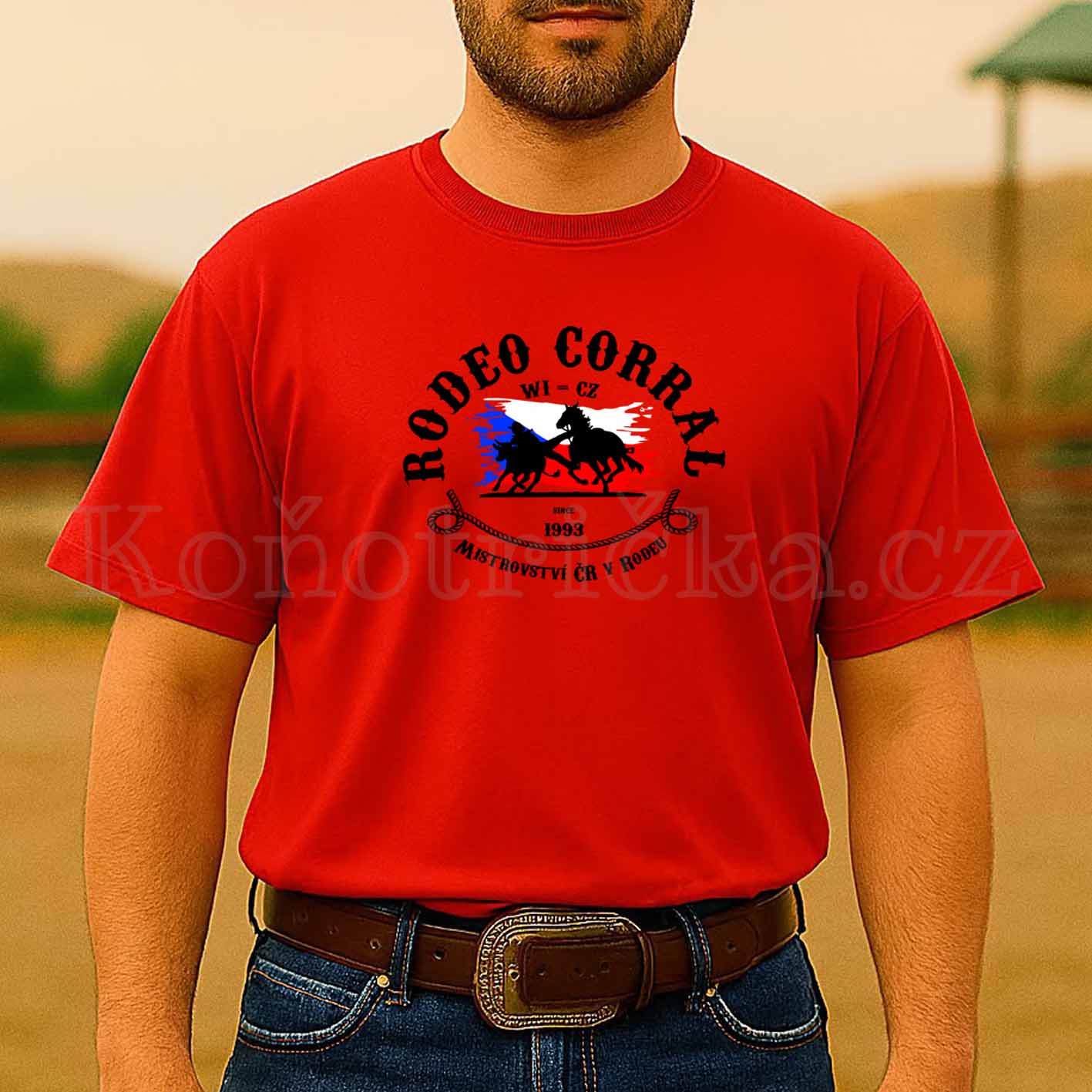 UNISIZE tričko RODEO CORRAL - červené - černý potisk - černý potisk