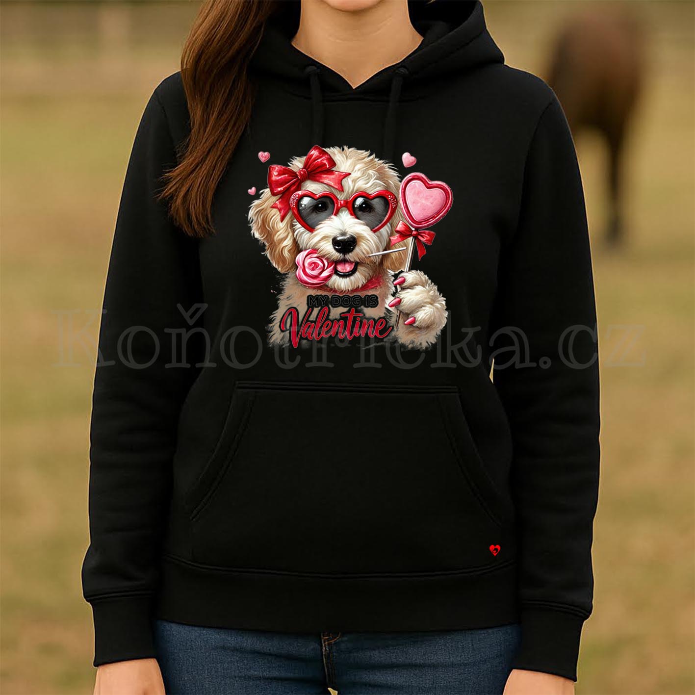 Unisex mikina s kapucí MY DOG IS VALENTINE - černá