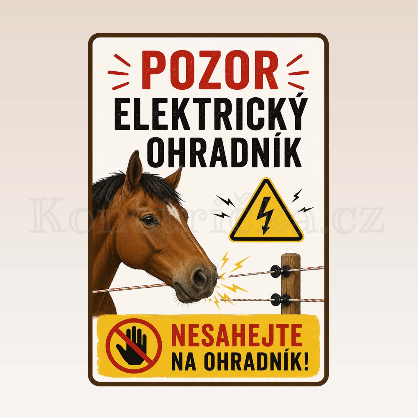 Ilustrační plakát s hnědým koněm, textem „Pozor elektrický ohraďník“ a výstražným symbolem blesku.